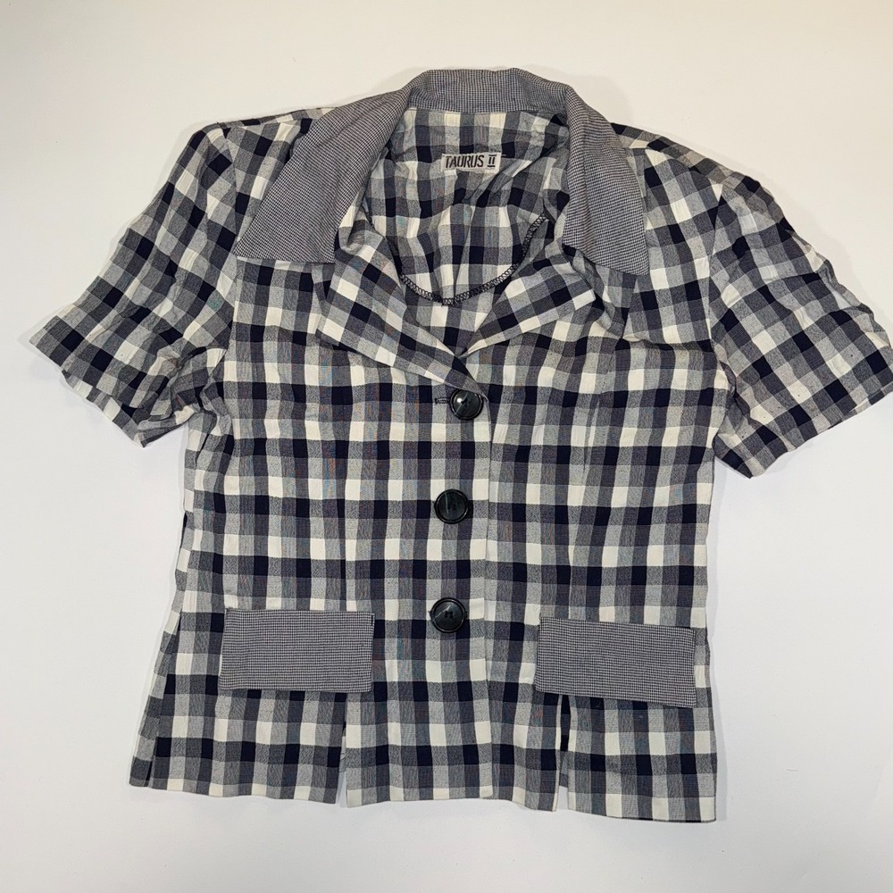 Taurus II Jacket Small Womens Blue White Plaid Short Sleeve Notch Lapel